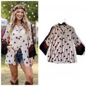 Free People Boho Last Time Poppy Floral Bell Sleeve Blouse Oversized Pockets S